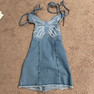 Cider Blue Denim Midi Dress with Butterfly Design